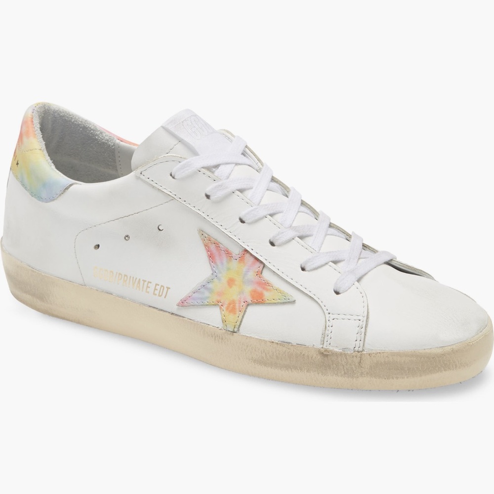 New in Box Golden Goose White Leather Sneakers with Pastel Tie-Dye Star size 11